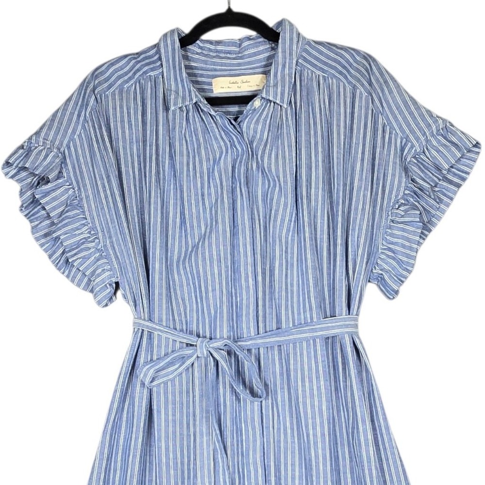 Anthropologie Isabella Sinclair Piper Blue Striped Ruffle Shirt Dress XL Belted - Picture 4 of 8